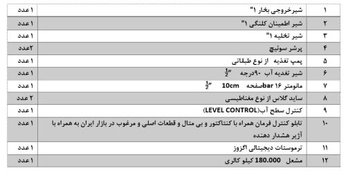شیرآلات وتجهیزات کنترلی روتین مربوط به دیگ بخار  200kg/h